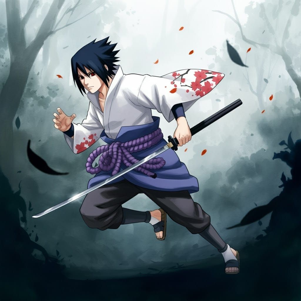 Sasuke Uchiha in a White Kimono Charges Through a Wooded For...