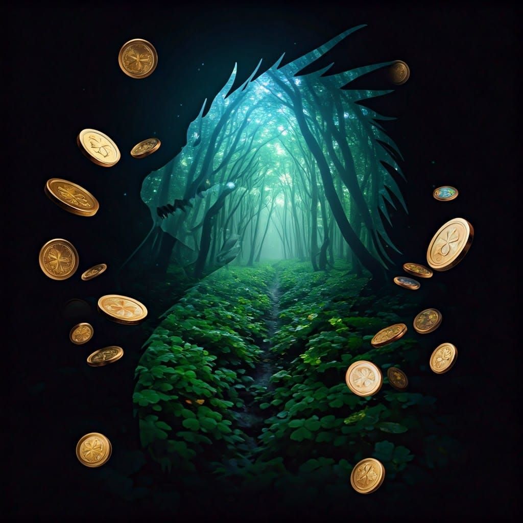 Dragon Among Glowing Clovers and Treasure