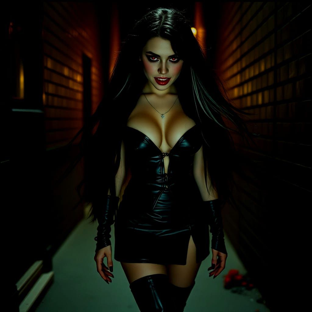 Stunning Vampire Huntress in Moonlit Alley: Cinematic Still