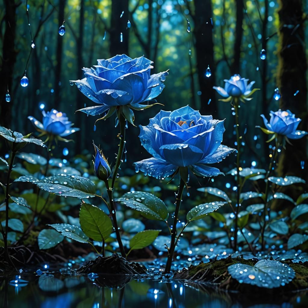 Surreal Blue Glass Rose in Enchanted Forest