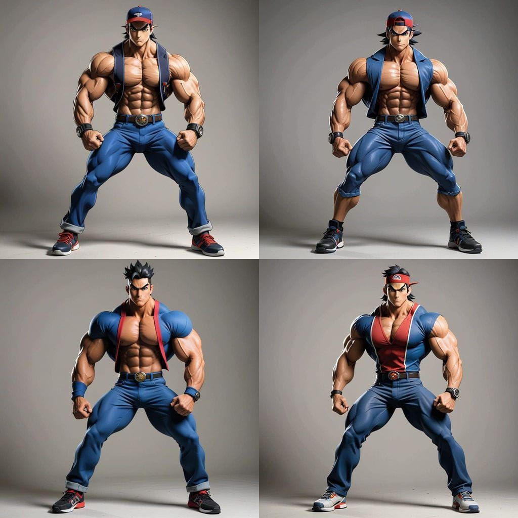 Giant Bodybuilder Ash Ketchum in Vibrant Colors