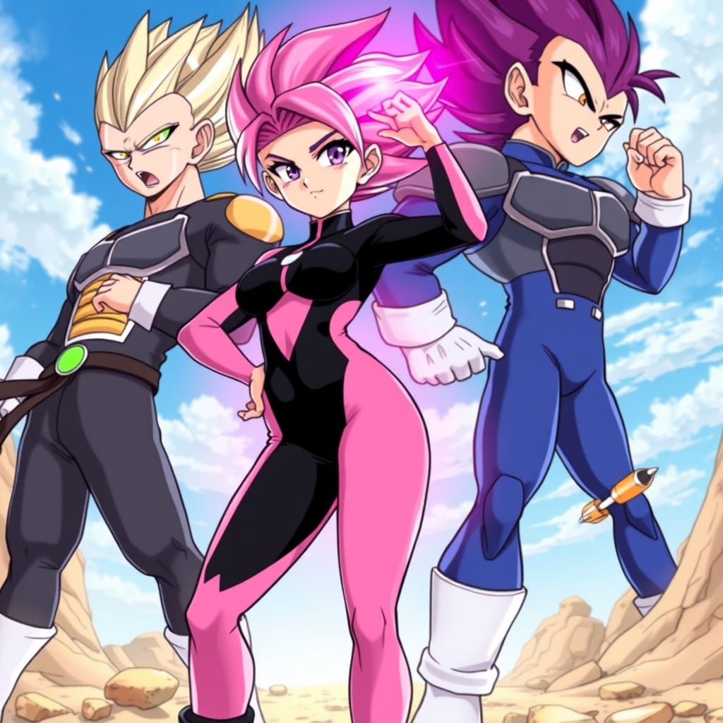 Saiyan Anime Girl Poses with Vegeta and Bulma in Vibrant Pin...