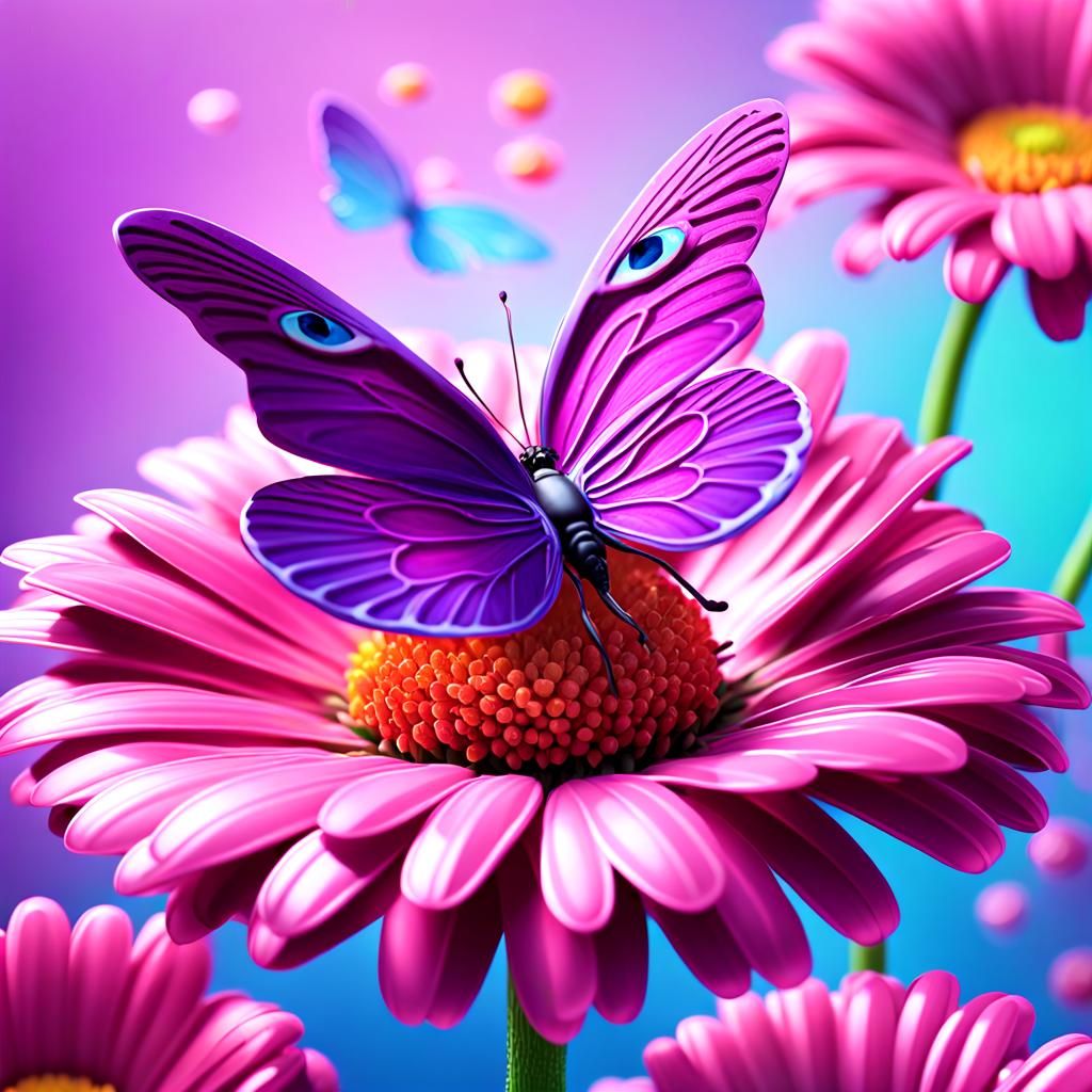 Purple Daisy and Pink Butterfly in Candy Art Style