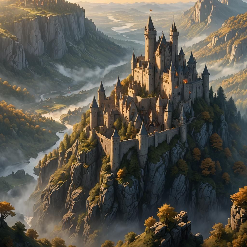 Twilight Castle on Craggy Cliff in Painterly Realism