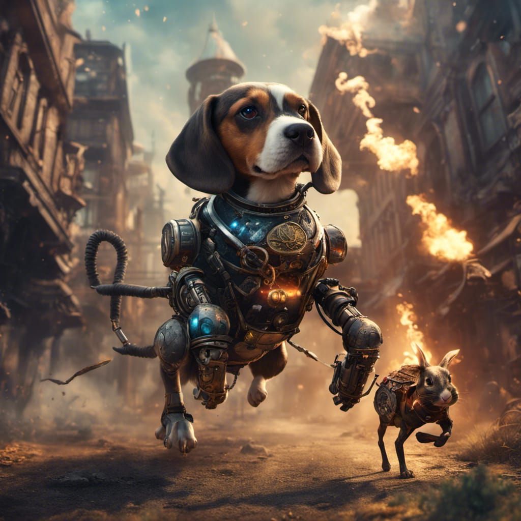 Steampunk Robotic Beagle Pursues Fire-Breathing Rabbit