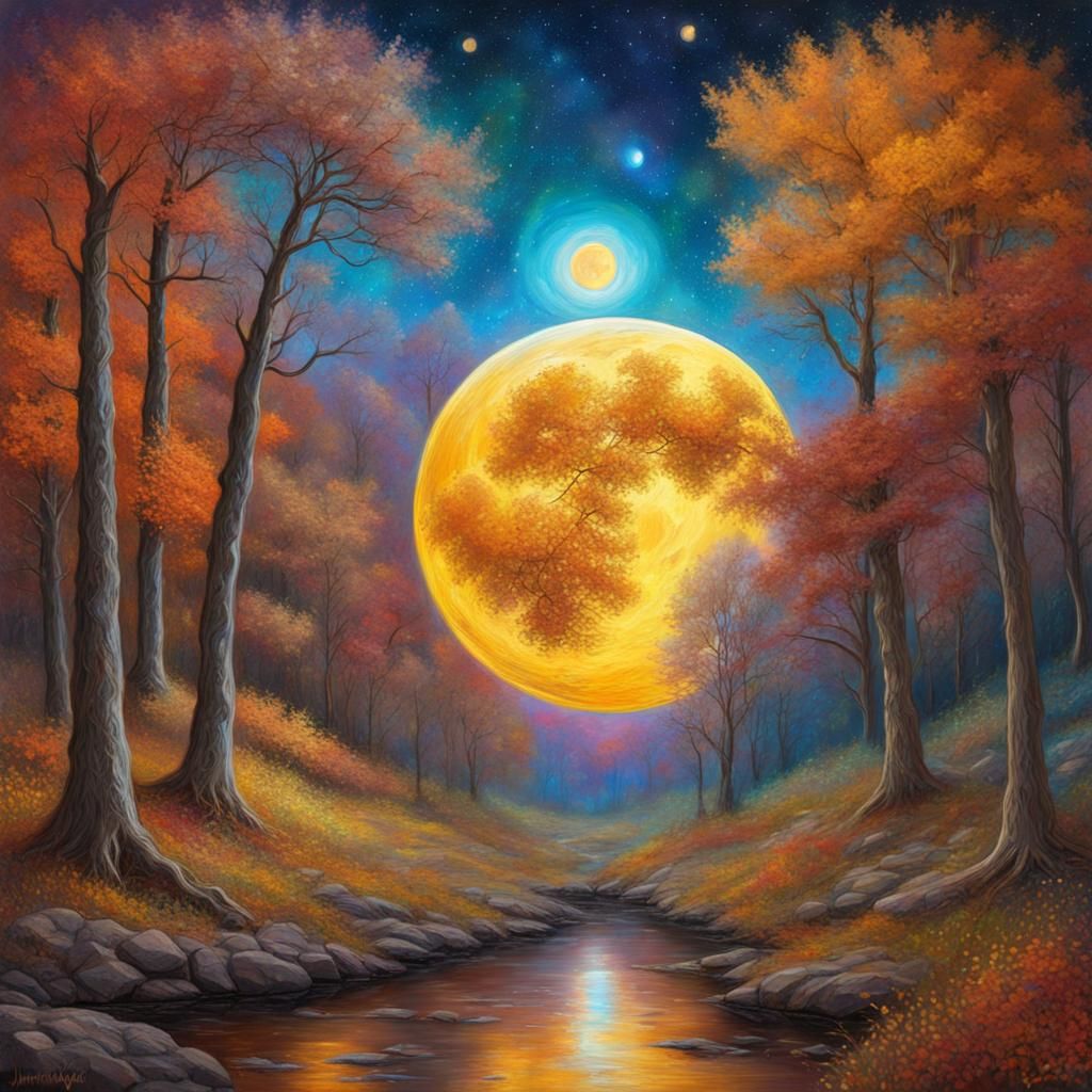 Astral Autumn Moon Oil Painting in 8K