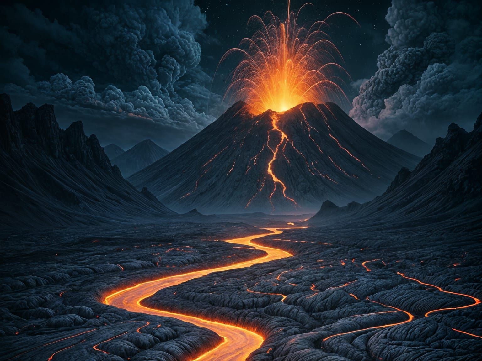 Erupting Volcano: River of Lava at Night