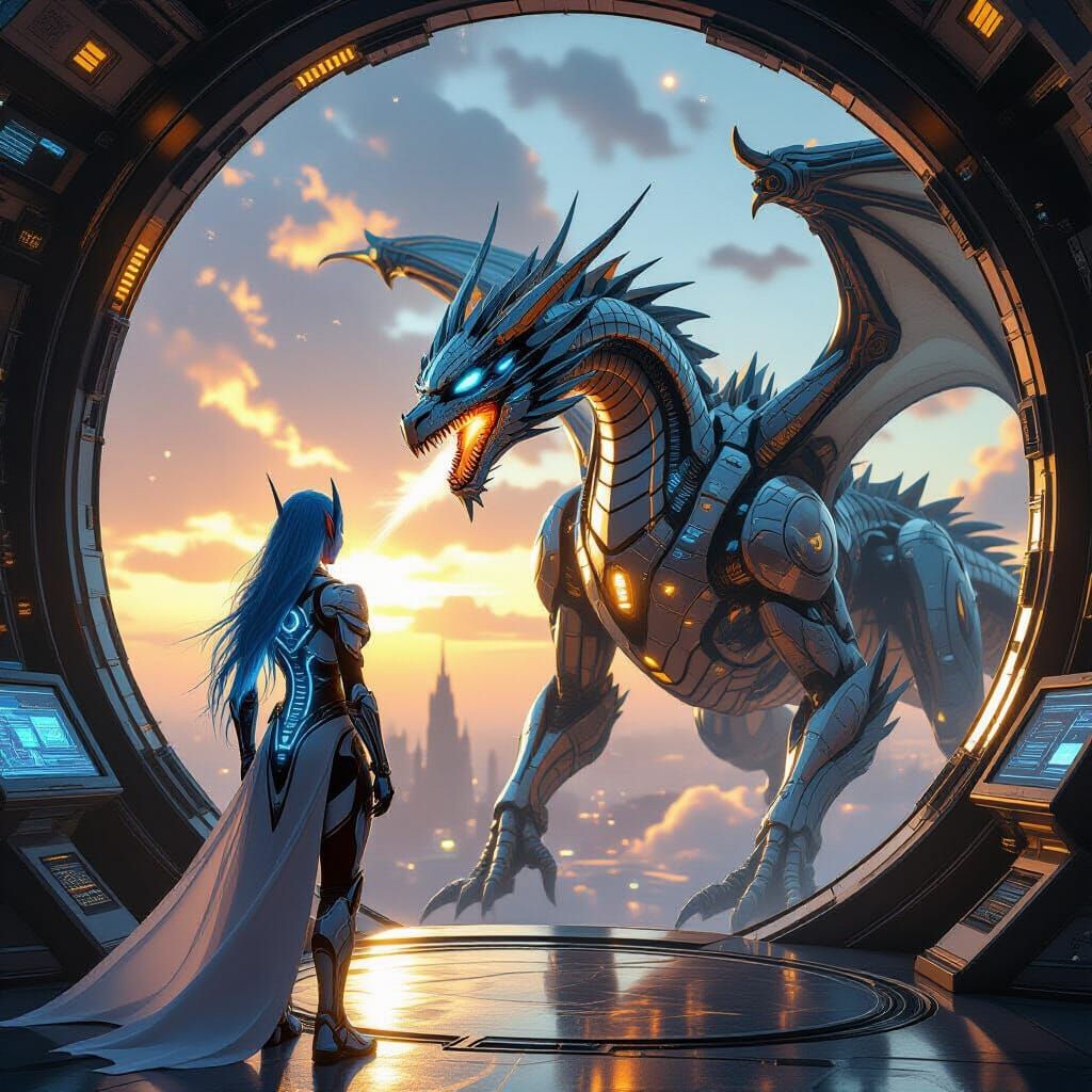 Cyborg Elf Battles Mechanical Dragon in Space Station