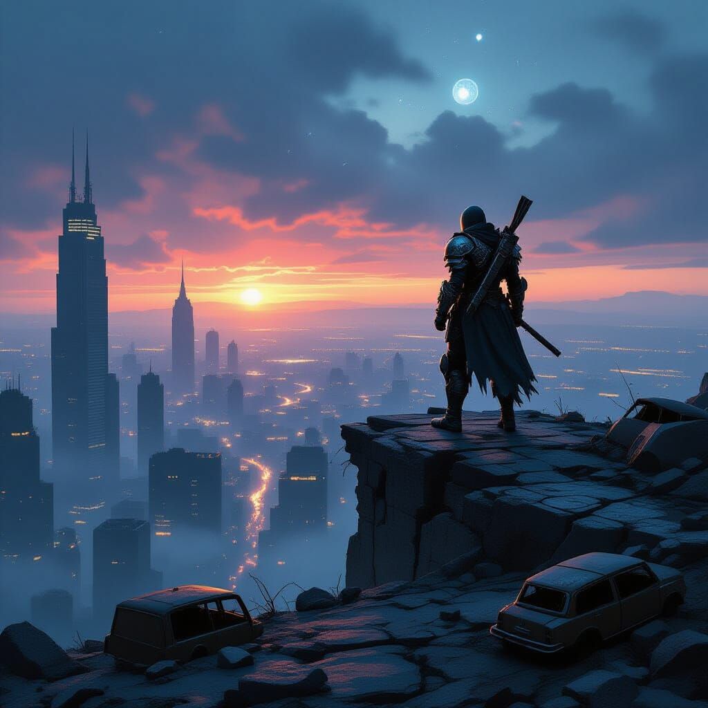 Warrior Overlooks Desolate City in Twilight