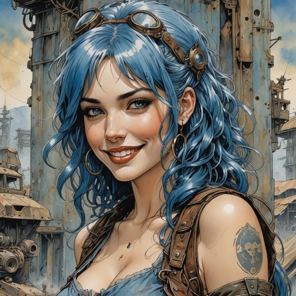 Post-Apocalyptic Blue-Haired Pin-Up in Realistic Style
