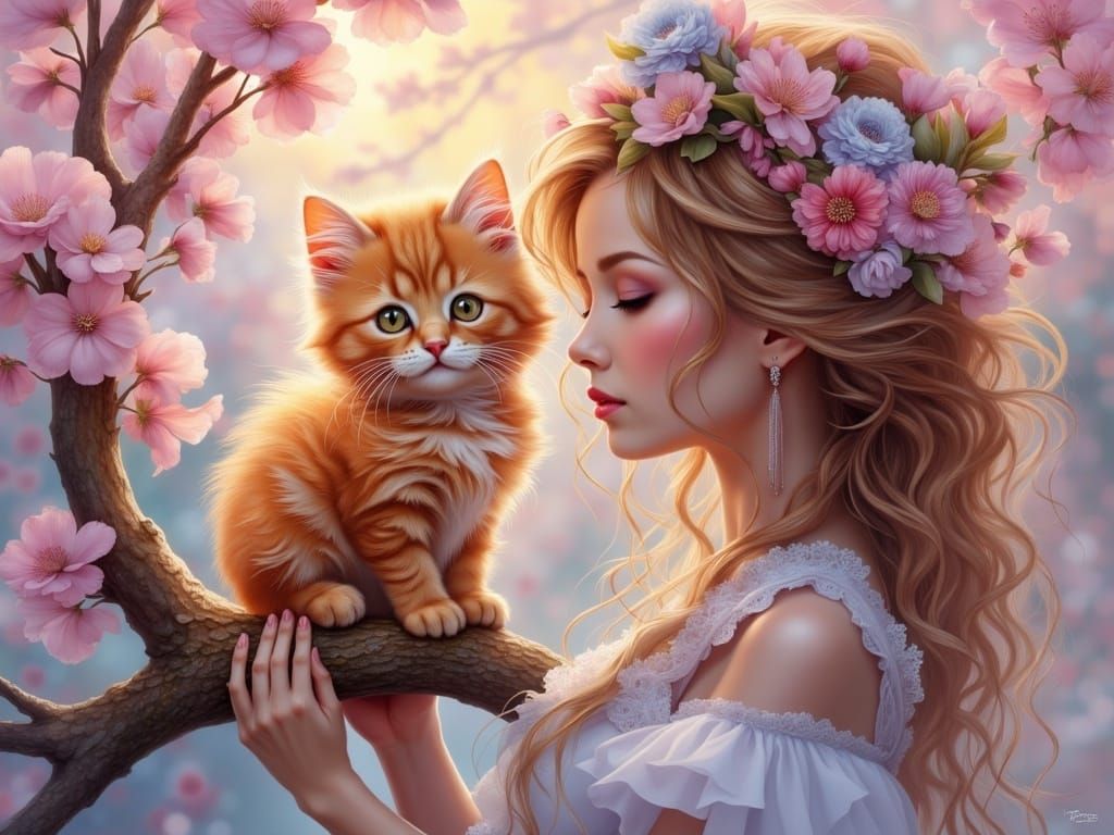 Impressionist Oil Painting of Kitten and Girl in Blooming Ga...