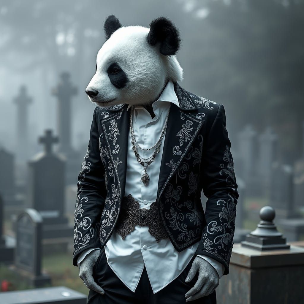 Gothic Panda in Elegant Cemetery Setting