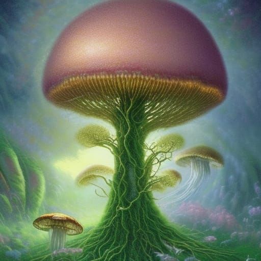 Ethereal Jellyfish Tree with Mushroom Mind in Green Currents