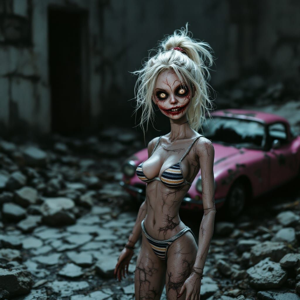Terrifying Barbie Doll Zombie in Horror Scene