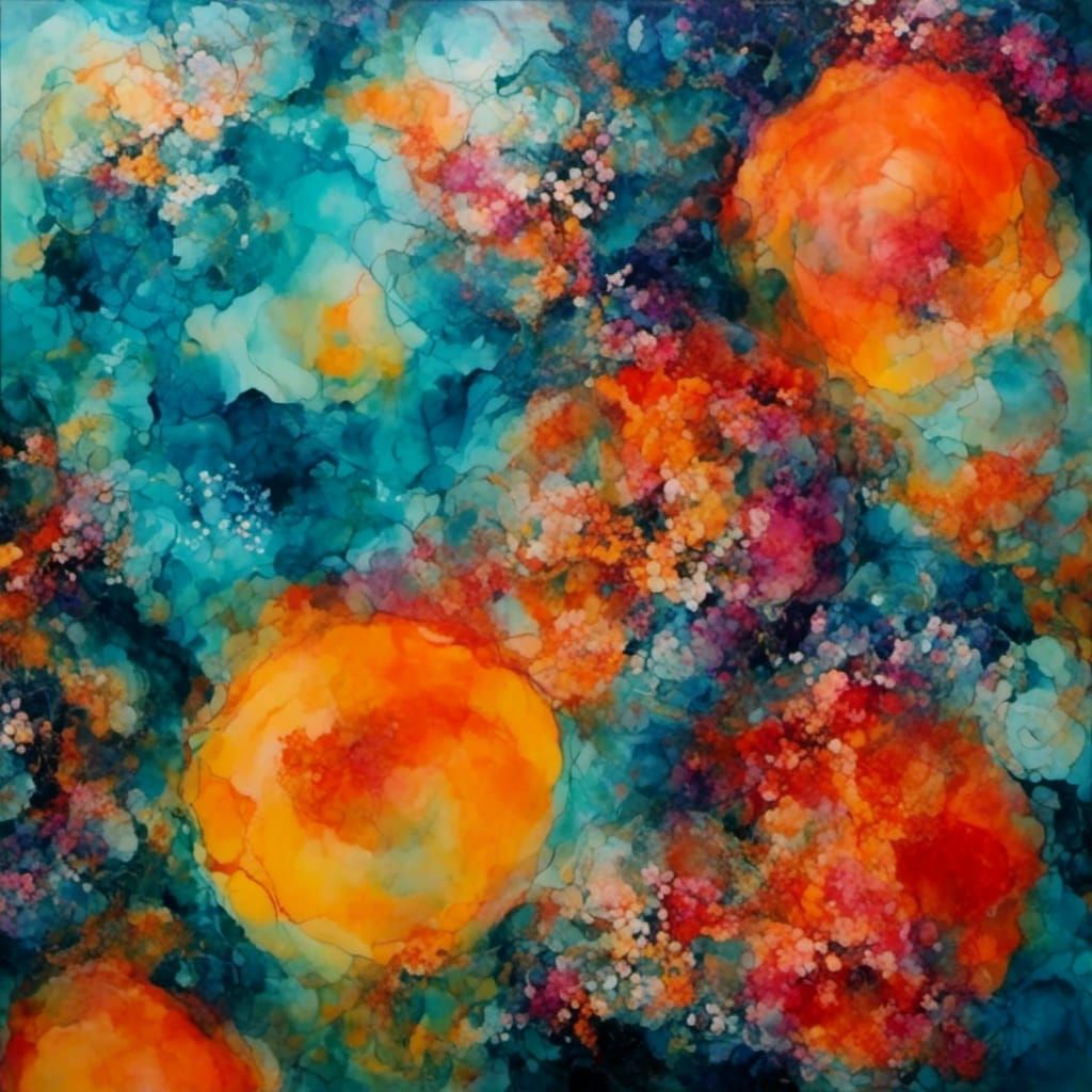 Vibrant Orrery Dances in Cosmic Garden: Surreal Graphic Art