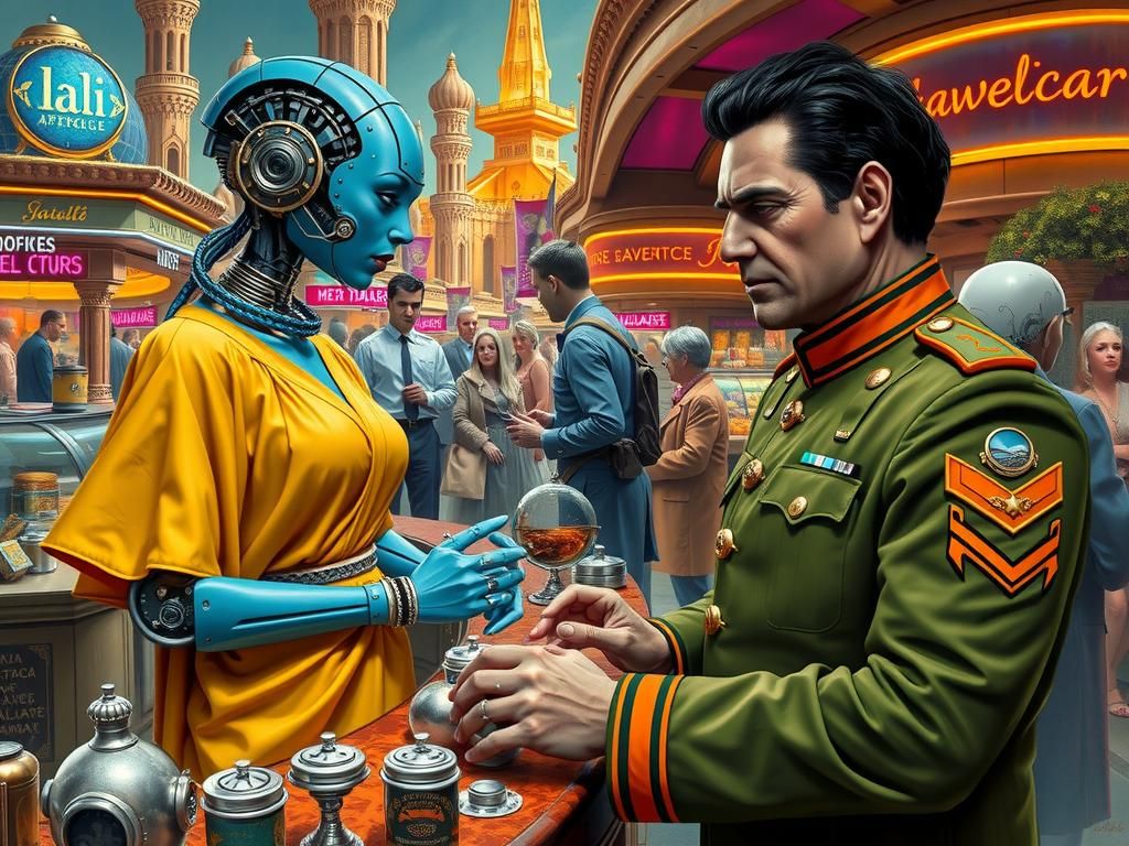 Robot Haggling in Retrofuturistic Bazaar: Rockwell-Style Oil...
