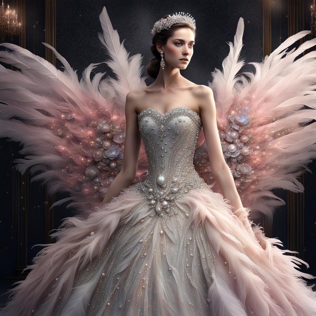 Dreamy Pearl and Feather Wedding Dress in Vintage Style