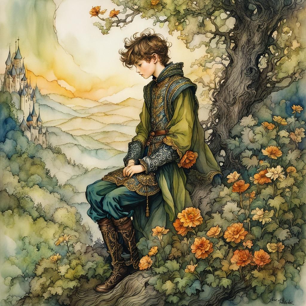 Boy Prince in Forest: Delicate Ink Illustration