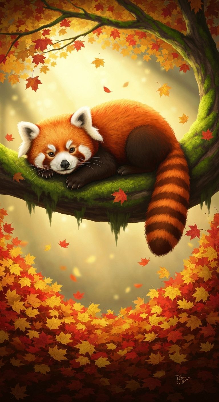 Red Panda Resting on Autumn Branch in Golden Hour Light