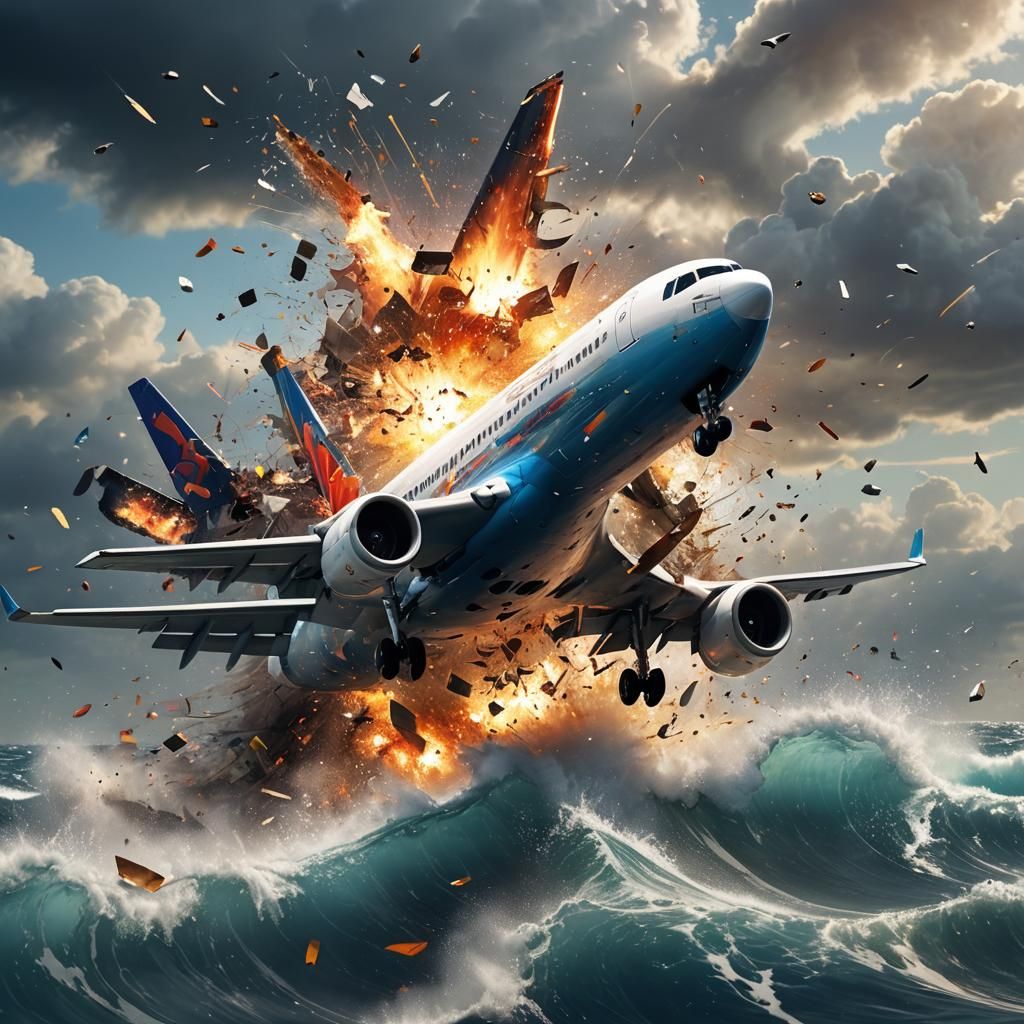 Commercial Plane Crash in Ocean: Vivid Digital Art