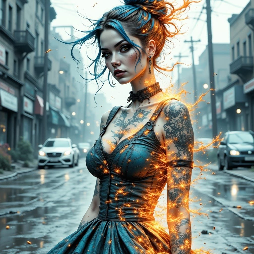 Serene Woman Merges with Wasteland Elements in Double Exposu...