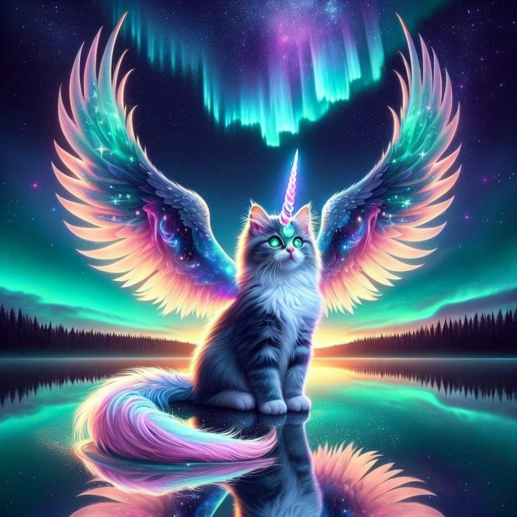 Celestial Kitten with Phoenix Wings and Unicorn Horn