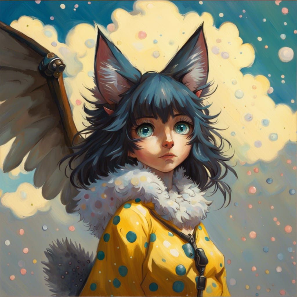 Anime Cat Girl with Wings in Van Gogh Style