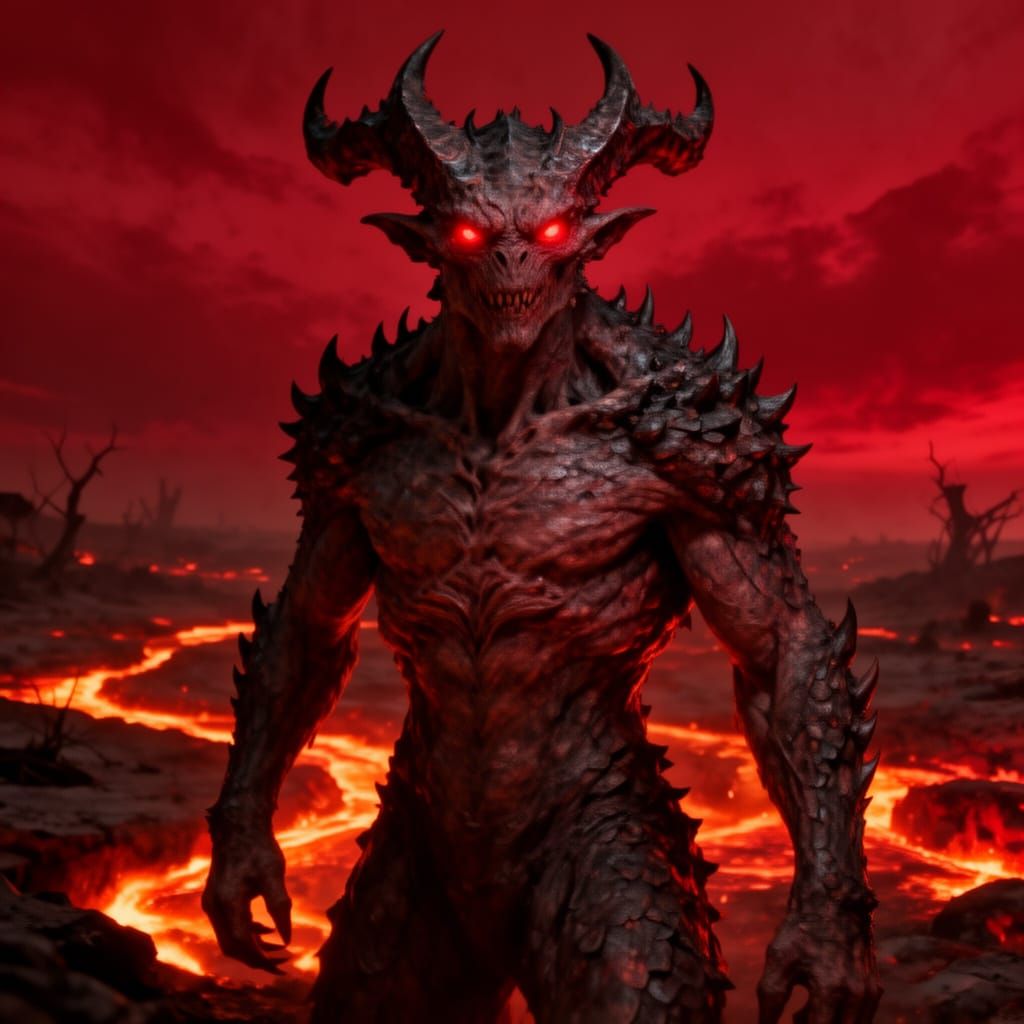 Photorealistic Demon in Fiery Landscape