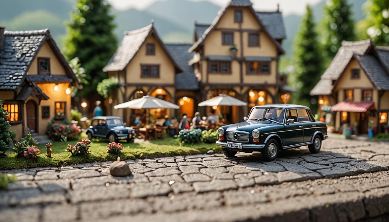 Miniature 3D Benz in Picturesque Village, Morning Light