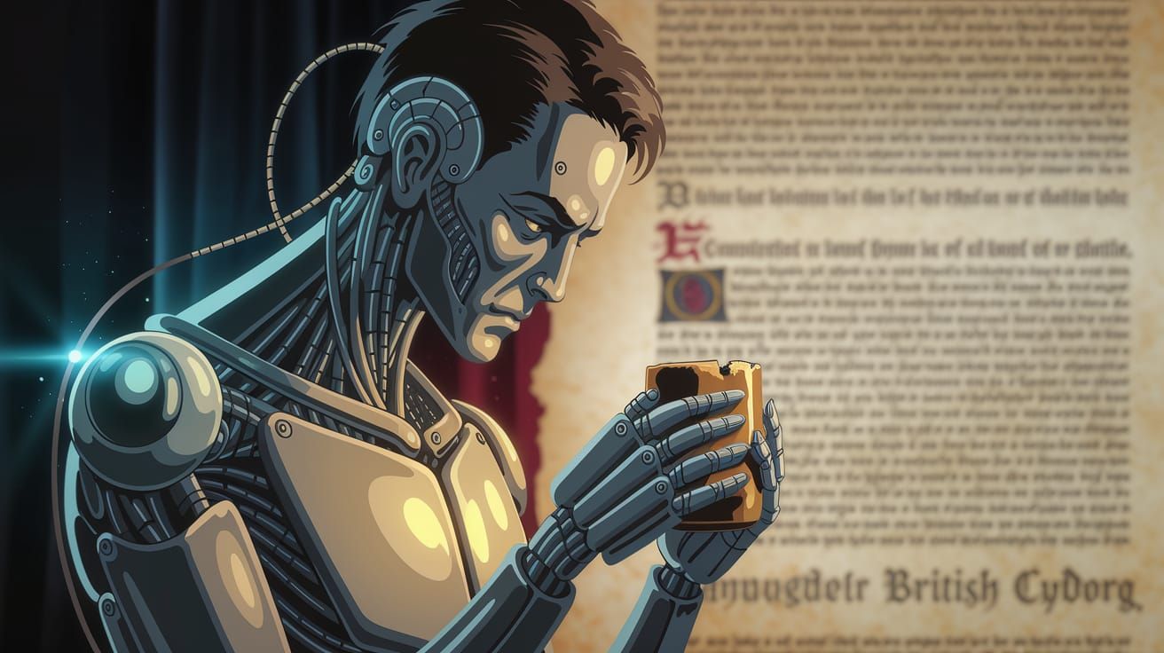Sad British Cyborg Holding Mug in Tim Burton Anime Style