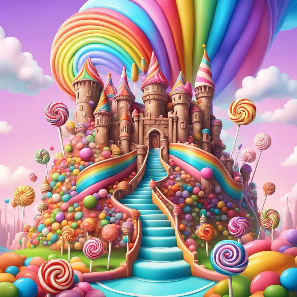 Candy Castle with Rainbow Waterfalls in Candyland Style