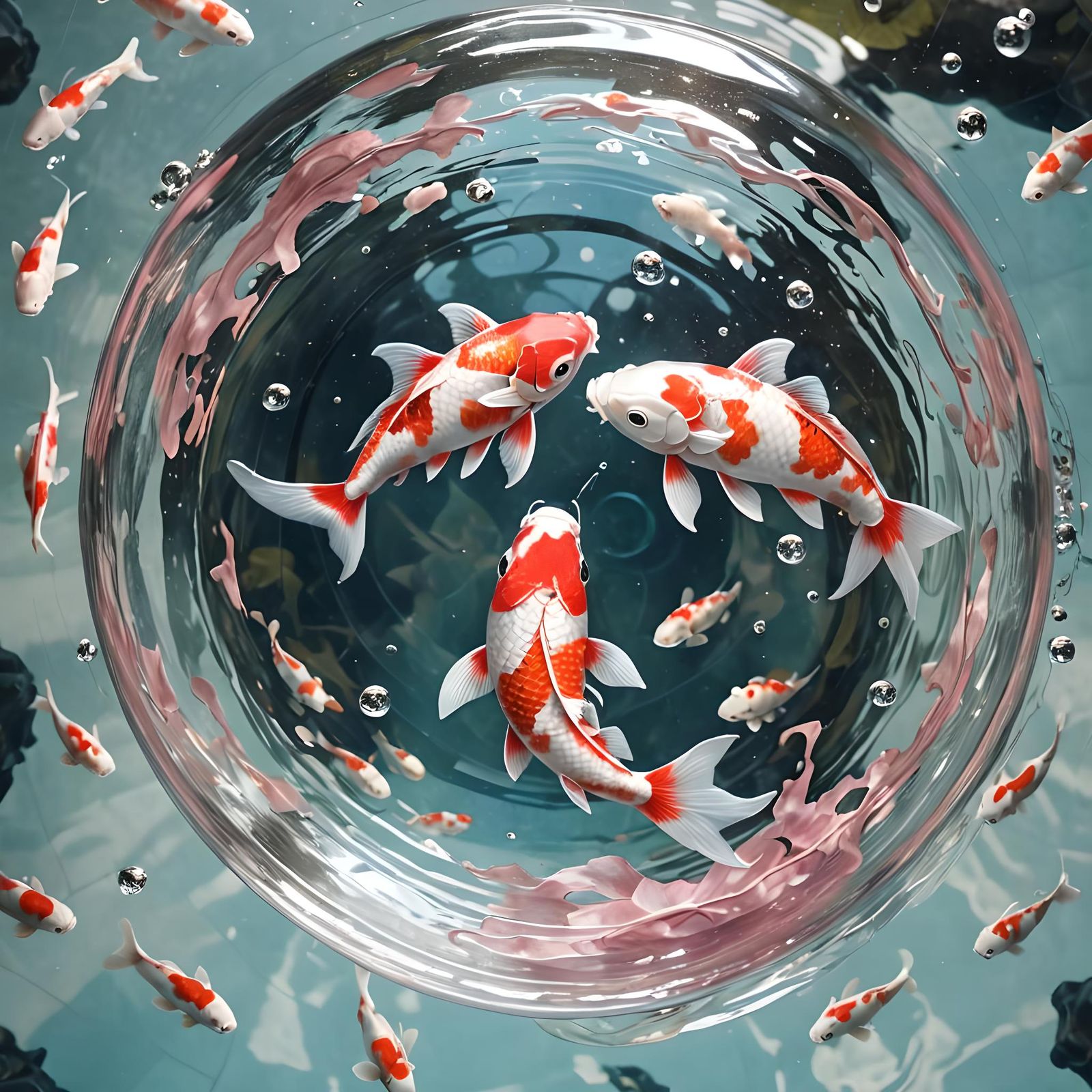 Intricate Koi Fish Yin Yang in Glass Bowl