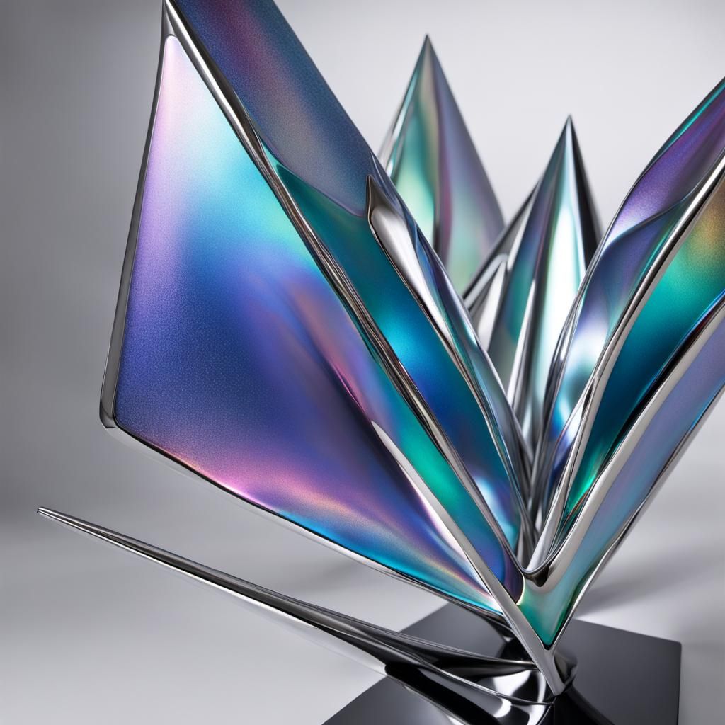 Iridescent metallic and glass sculpture.