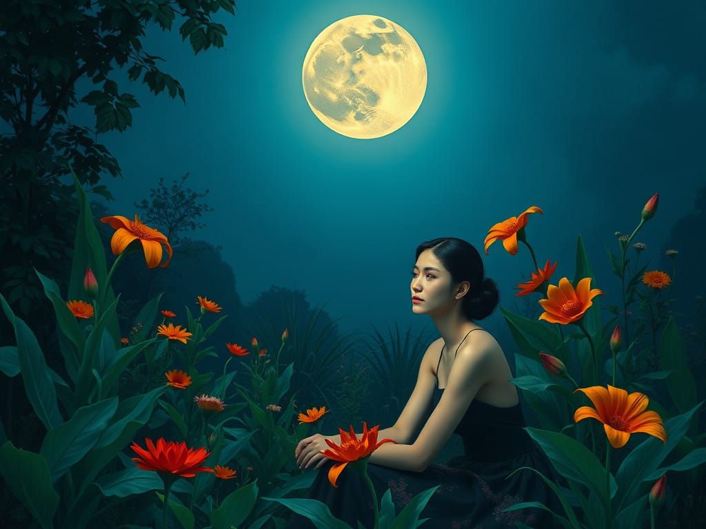 Serene Woman Lost in Thought Under Moonlit Garden