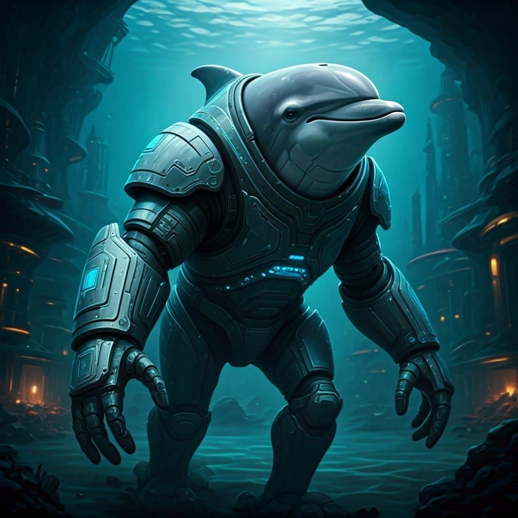 Dolphin in Cybernetic Exosuit in Futuristic City