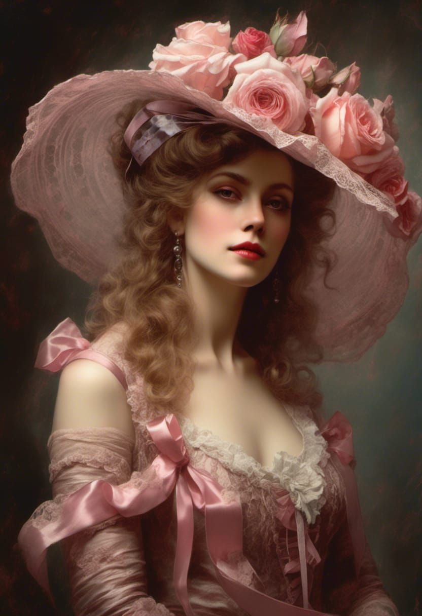 Edwardian Woman Portrait with Roses, Hyperrealistic Art