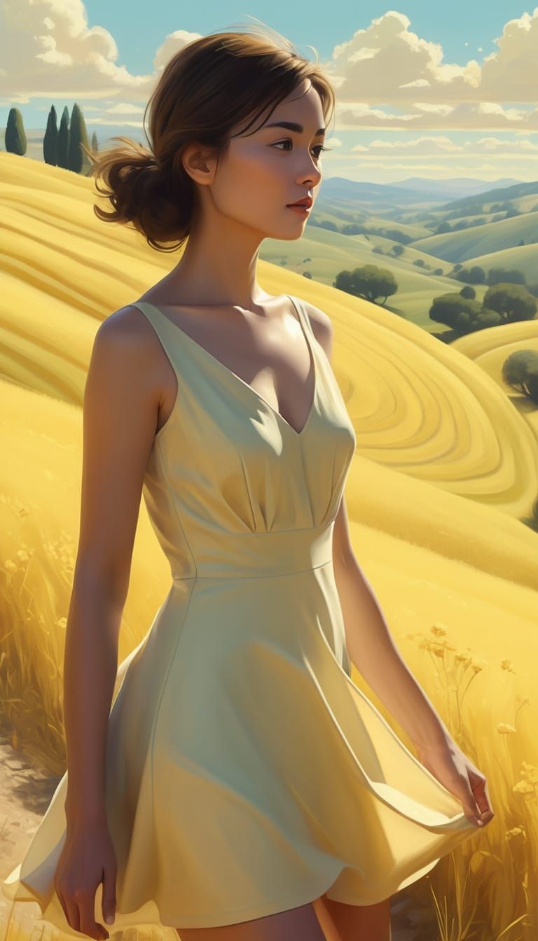 Woman in Yellow Dress: Miyazaki-Inspired Digital Art