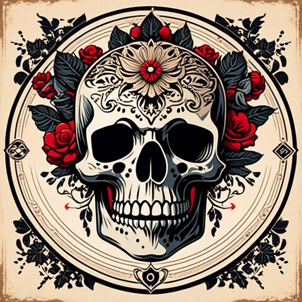 Vintage Circle Tags with Skull and Raven Illustration