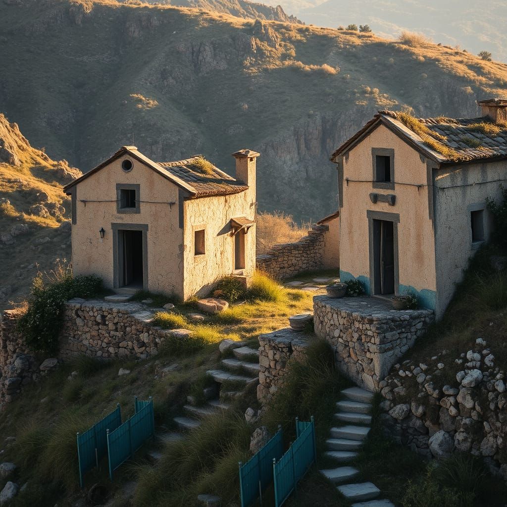 Ancient Stone Houses on Rugged Hillside
