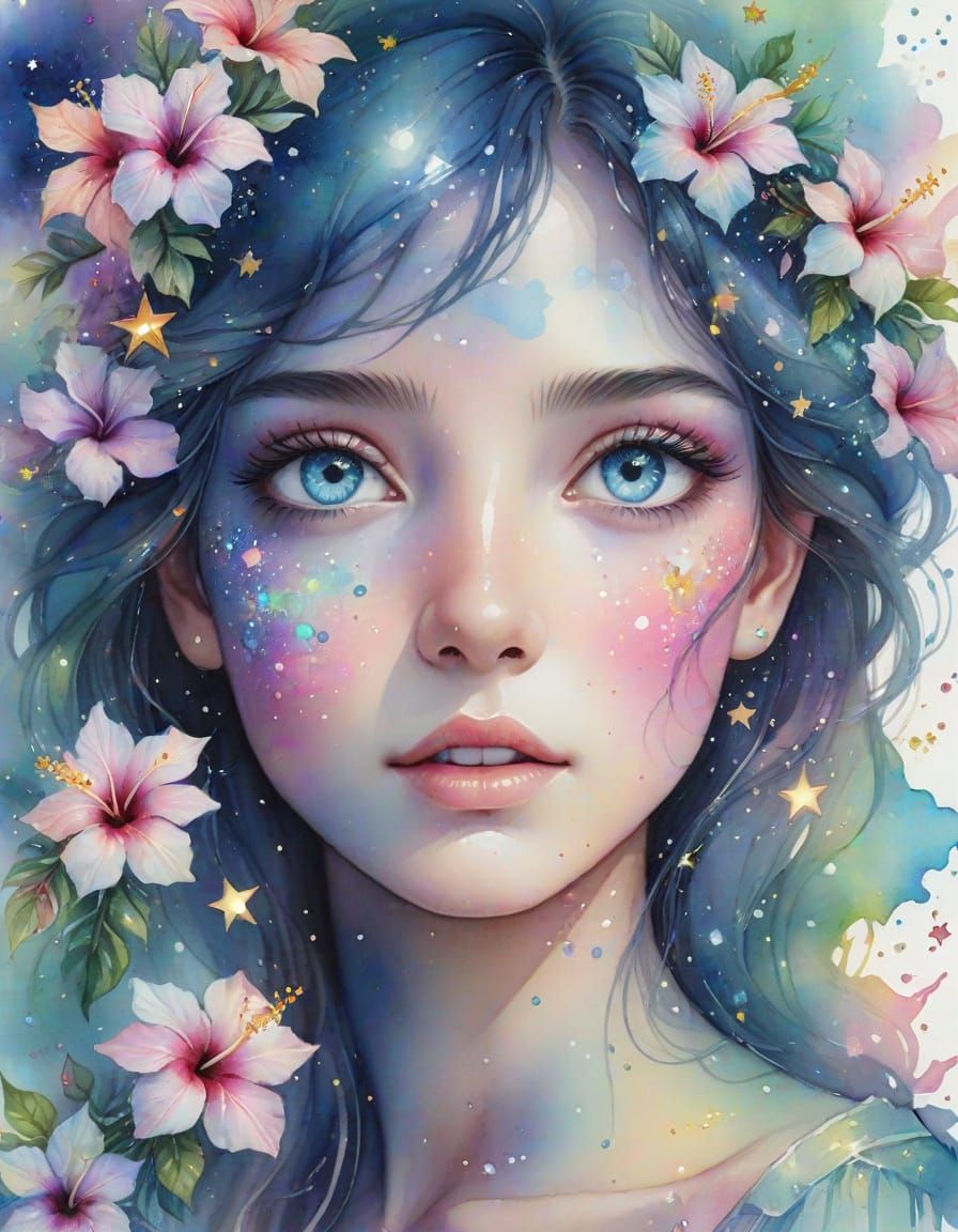 Opal Eyes Surrounded by Stars and Hibiscus Flowers