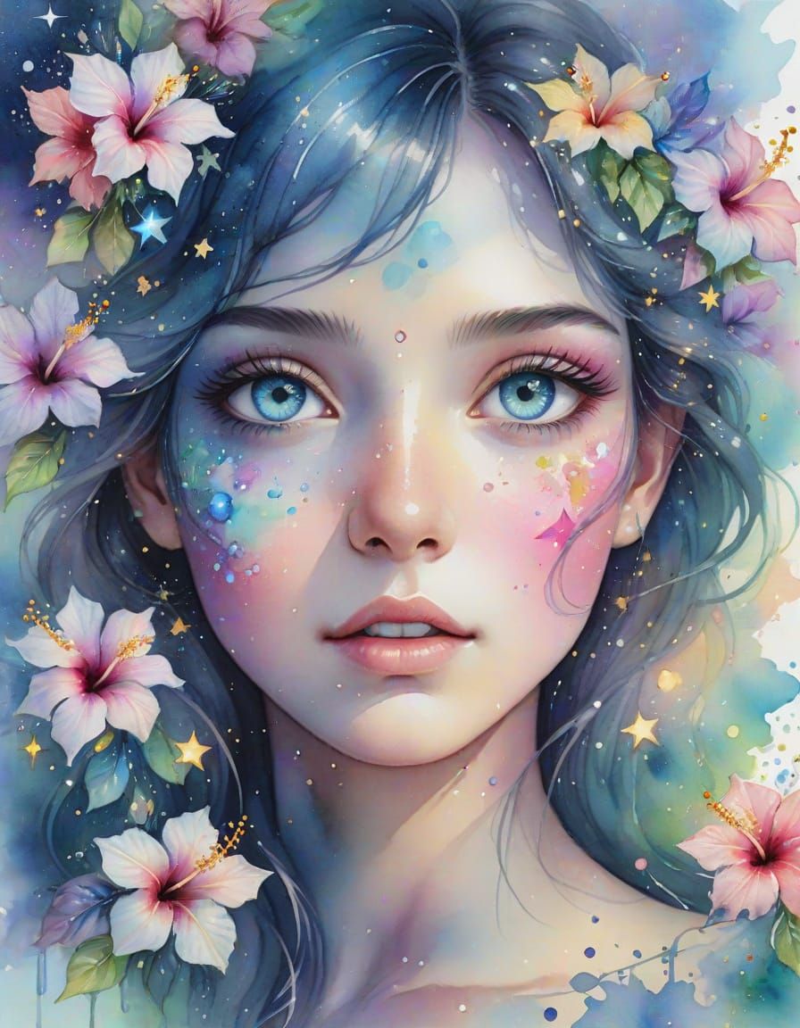 Opal Eyes with Stars and Hibiscus in Watercolor