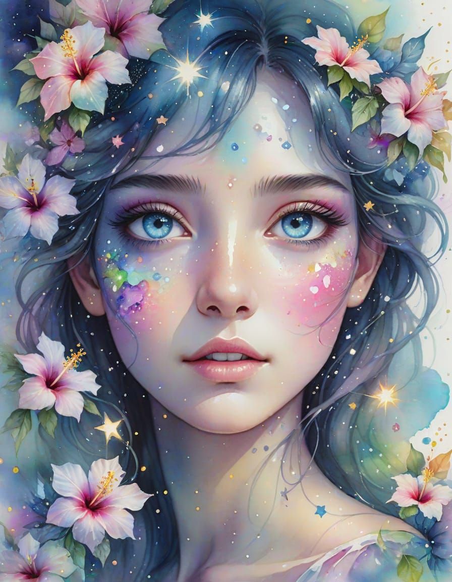 Opal Eyes with Stars and Hibiscus in Watercolor