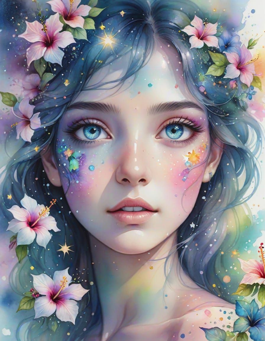 Opal Eyes with Stars and Hibiscus in Watercolor