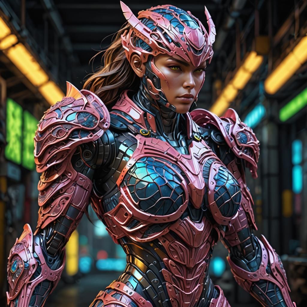 Muscular Armored Woman: Organic 3D Mesh in Neon Colors