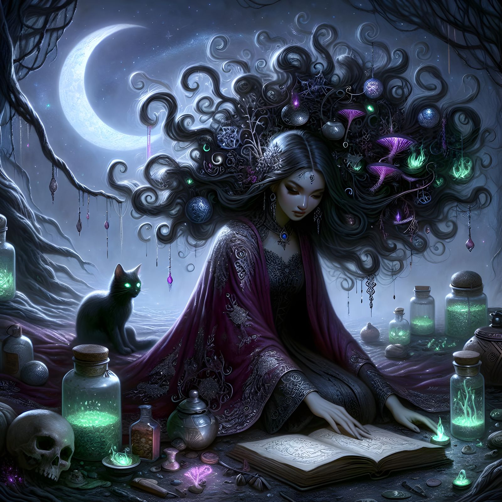 Enchanted Witch Under Crescent Moon