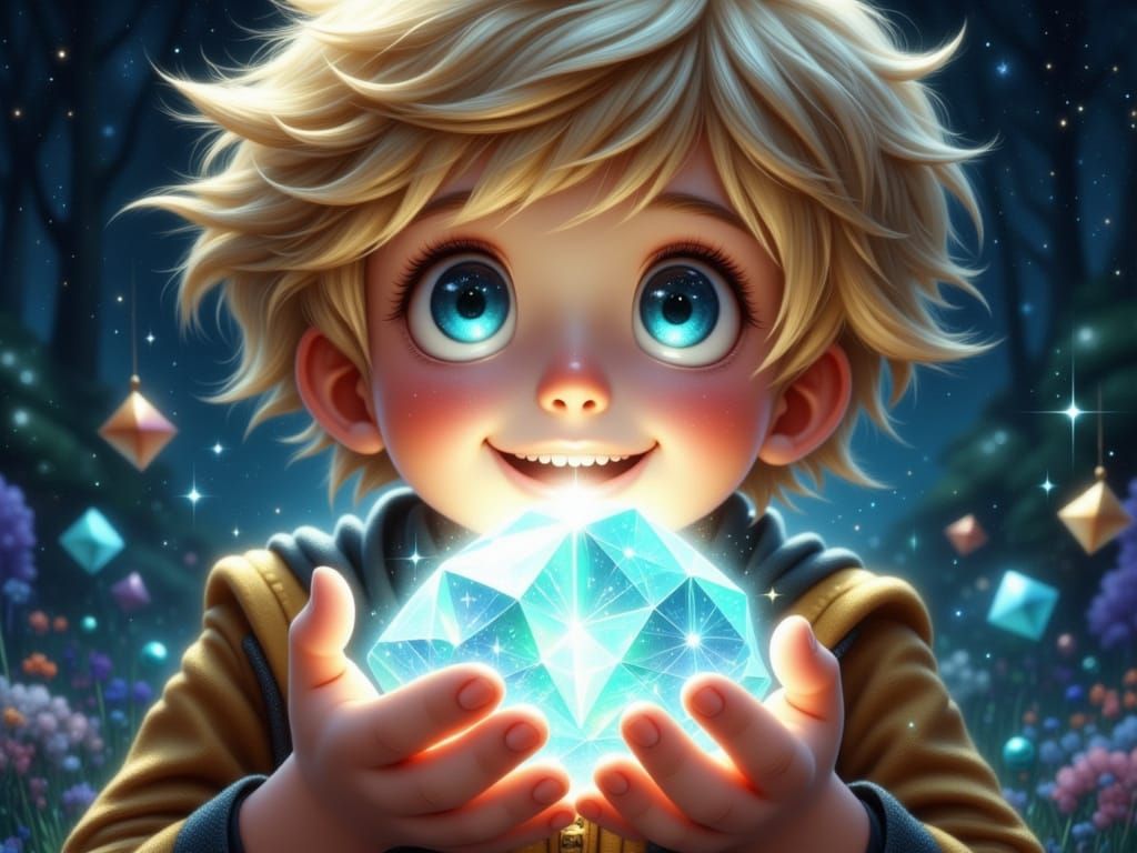 Whimsical Boy Marvels at Glowing Gemstone in a Vibrant, Drea...
