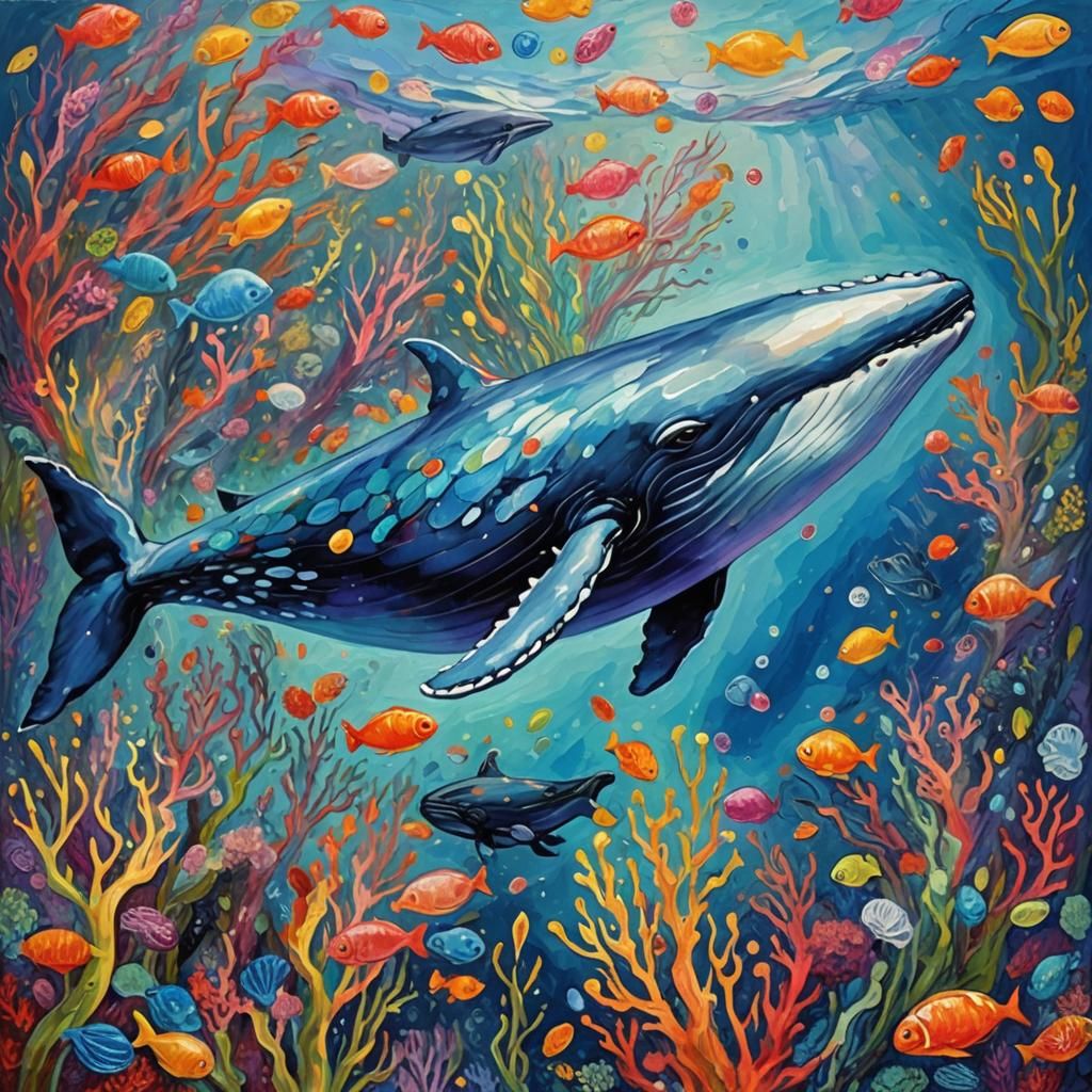 Whale in Ocean: Neo-Impressionist Oil Painting