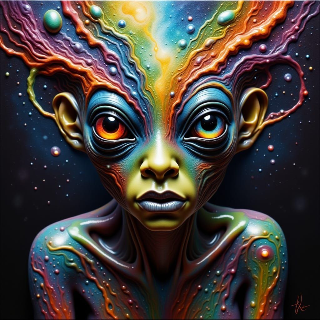 Alien Portrait with Cosmic Galaxy Eruption, Surreal Sci-Fi