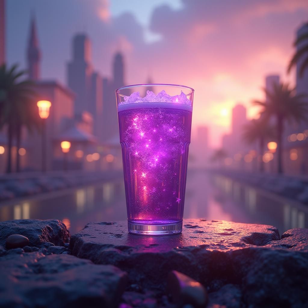 Mystical Purple Drink in a Futuristic Cityscape