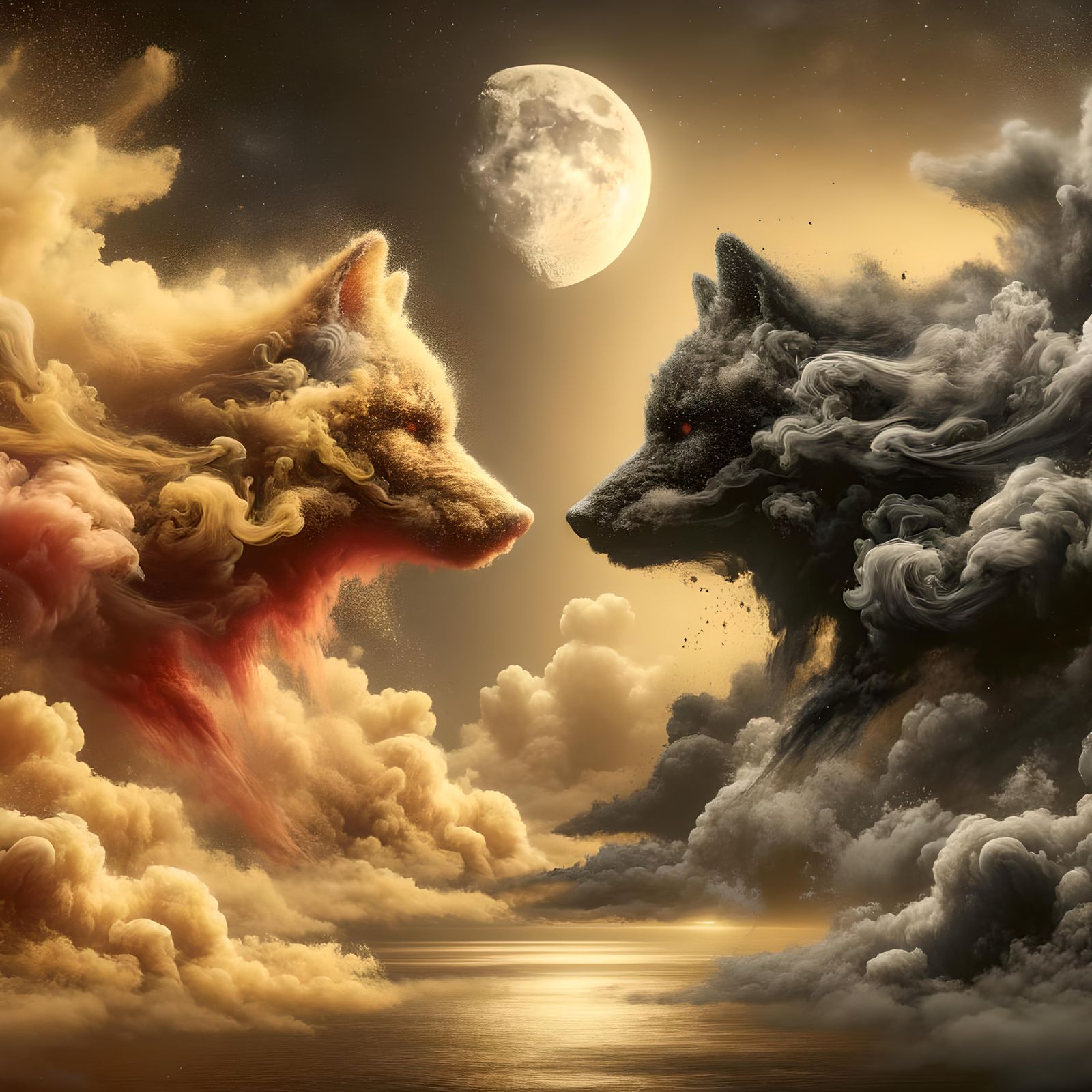 Golden and Black Smoke Wolves Under Moonlit Sky